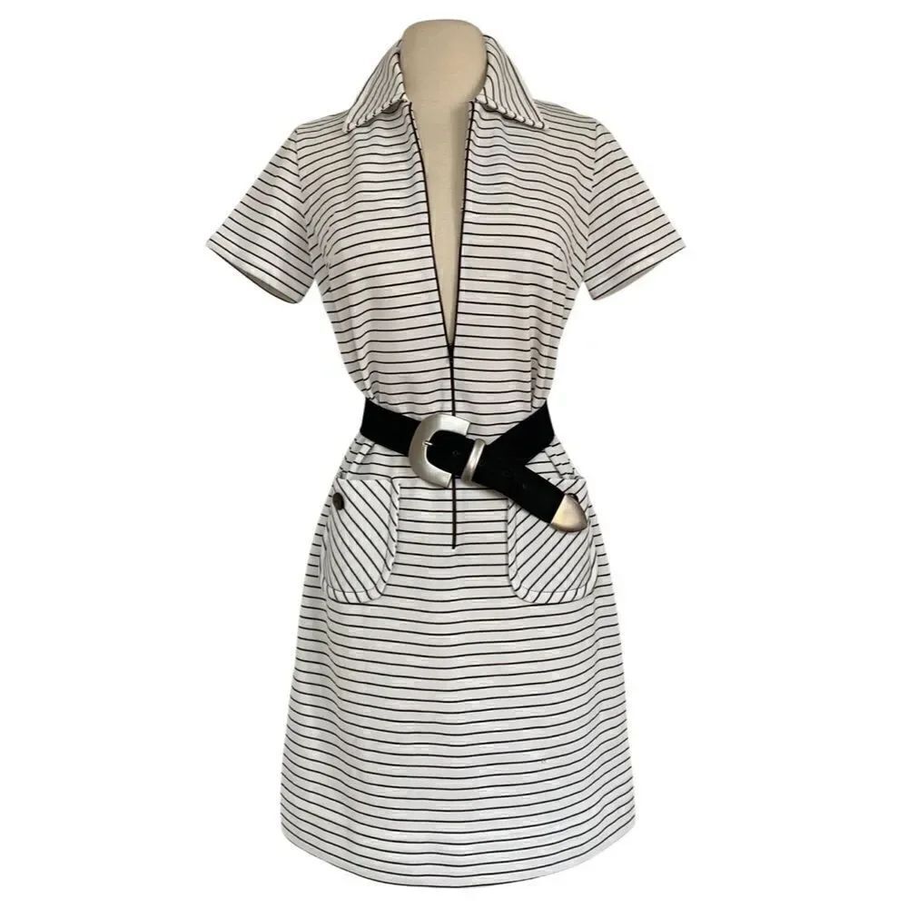 True Vintage Preppy 60s / 70s Front Zip Striped Polo Knit Dress with Pockets